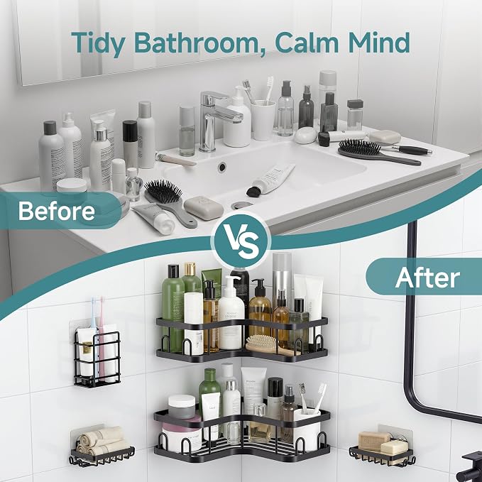 Veken Corner Shower Caddy 5-Pack, Advanced Rustproof Design, No Drilling Adhesive Shelves, Rack with Soap Holder, Bathroom Organizers and Storage, Wall-Mounted Kitchen&Home Decor,Black,Gifts for Mom - Image 7