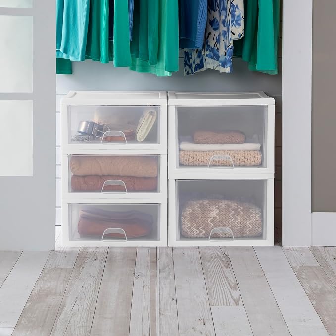 Sterilite 24-Pack 16 Quart Stacking Drawer, Clear Storage Closet Organizer, White Frame - Stackable Modular Plastic Drawers for Clothes, Accessories, Craft Supplies, Shoes or Linens - Image 6