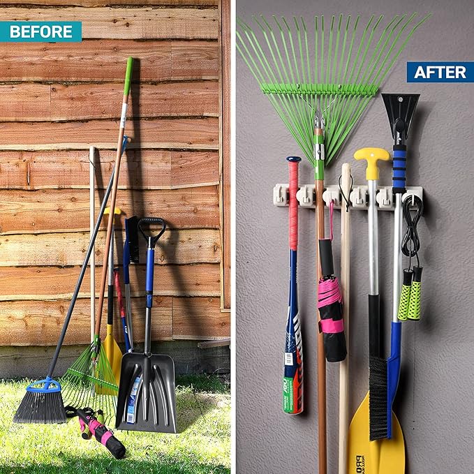 Mop and Broom Holder Wall Mount 2 Pack - Garage Storage Organizer with 5 Slots, 6 Hooks, 7.5lbs Capacity Per Slot - Home, Kitchen, Closet, Laundry Room Organization – Off-White Broom Hanger - Image 3