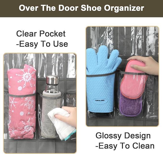 Over The Door Shoe Organizer - Space Saving Shoe Rack for Closet Door with 24 Crystal Clear Pockets and Metal Hooks, Shoe Holder Back of Door Organizers for Shoes, Gray Hanging Shoe Organizer (Gray) - Image 7