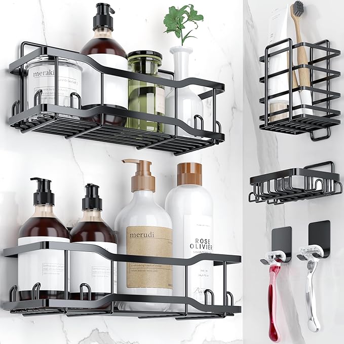 Shower Caddy Bathroom Shelves, The Athena Silken 4 Set, 40LB Capacity, Adhesive Tape No Drill - Rustproof -Gorgeous Powder Coated 304 Stainless Steel Shower Organizer for kitchen & Home Decor - Black by Tribal+Cooking