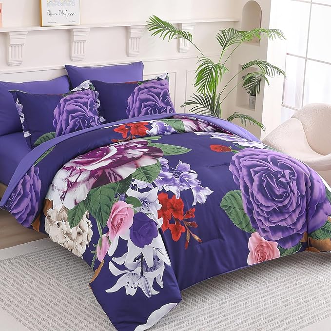 Drucon Dark Purple Floral Comforter King Size 7 Pieces Bedding Sets Bed in a Bag, Botanical Floral Comforter with Sheet Set, Soft Microfiber Bedding Set for All Season(Dark Purple, 104"x90")
