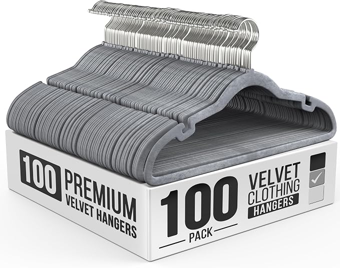 Our Modern Space 100 Pack Velvet Hanger for Shirt Pants Dresses Skirts Suits Jackets - Slim Space Saving Design - Standard Coat Hanger - Sturdy & Durable Design with Shoulder Grooves Hook by OurModernSpace