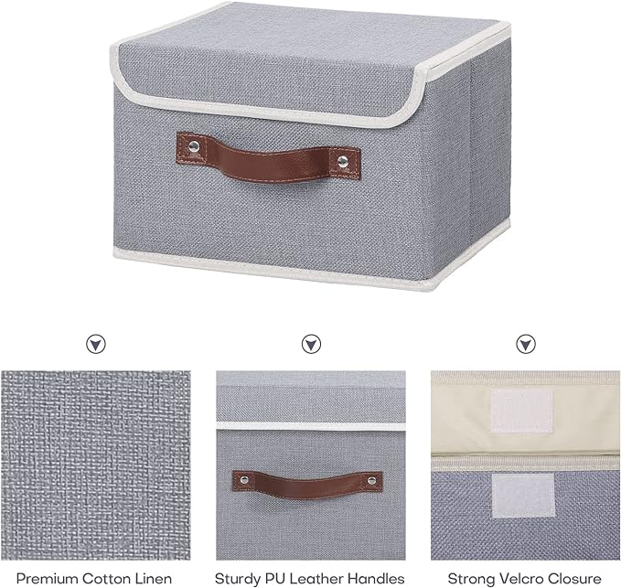 ANMINY Storage Bin with Lid Storage Boxes with PU Leather Handles PP Plastic Board Decorative Foldable Lidded Cotton Linen Fabric Home Cubes Baskets Closet Organizer Container - Gray, Small Size - Image 3