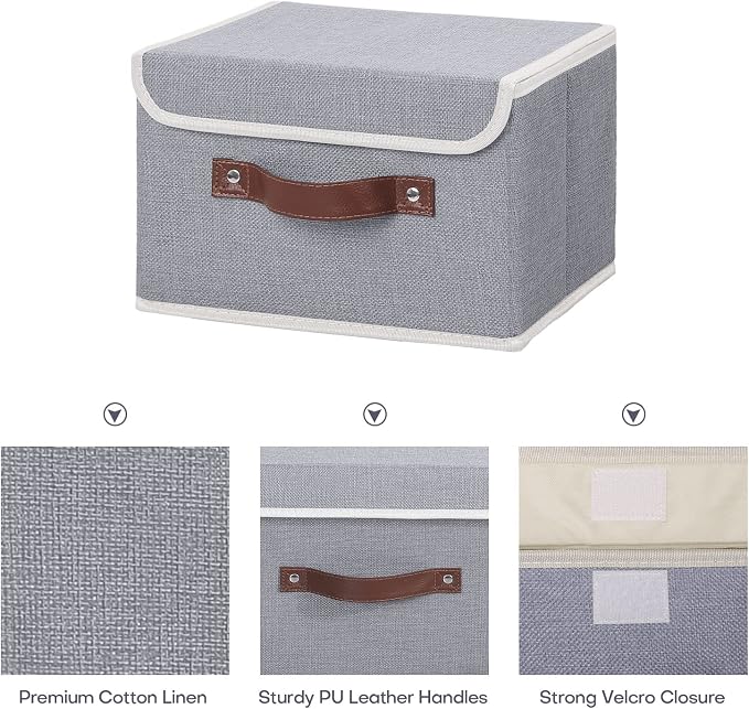 ANMINY 2PCS Storage Bins with Lid PU Leather Handles Storage Boxes PP Plastic Board Decorative Foldable Lidded Cotton Linen Fabric Home Cubes Baskets Closet Organizer Containers - Gray, Small Size - Image 3