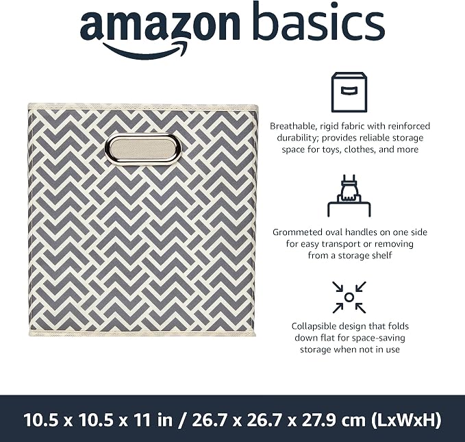 Amazon Basics Collapsible Storage Bins with Handle, Space-Saving, Breathable Cube Organizer, 10.5" x 10.5" x 11", Chevron Grey, 6-Pack - Image 2