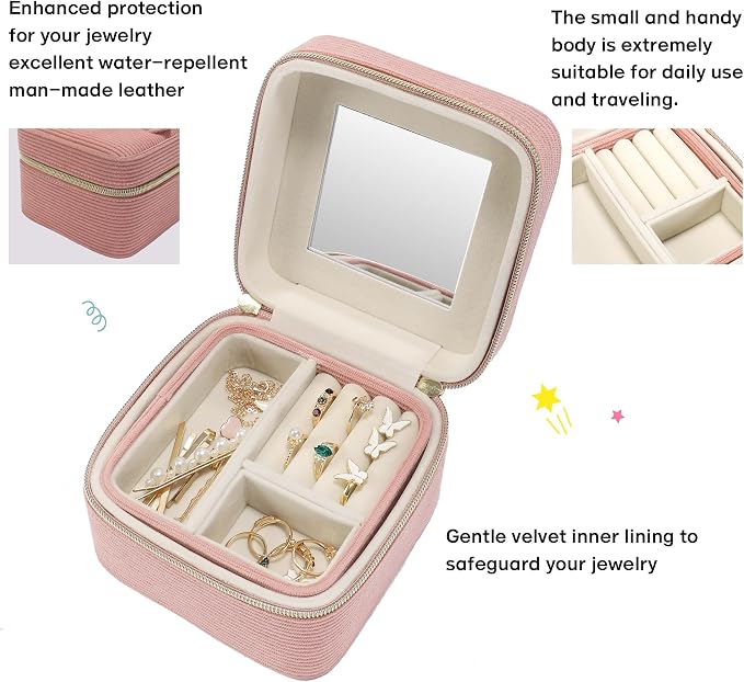 Travel Jewelry Case with Mirror – Small 2-Layer Jewelry Box for Women, Rings and Earrings Necklaces Velvet Organizer Mothers Day Mom Girls Birthday Gifts (Pink) - Image 3