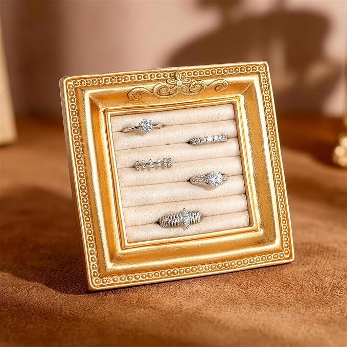 Vintage Ring Holder Rectangle Gold Velvet Display Stand - Baroque Jewelry Organizer Box Tray for Wedding Engagement Anniversary Women Birthday Christmas Gift Photograph Prop (MPF05-Gold Beige) by GELVTIC
