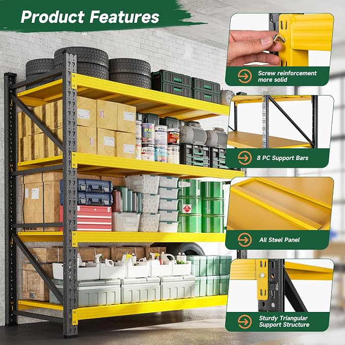 Letaya 3000LBS Heavy Duty Storage Shelves,70" H Metal Garage Shelving Units,4 Tier Large Tall Industrial Shelving,Adjustable Utility Rack Shelf for Warehouse,Basement (Yellow, 48" W x 24" D x 70" H) - Image 5