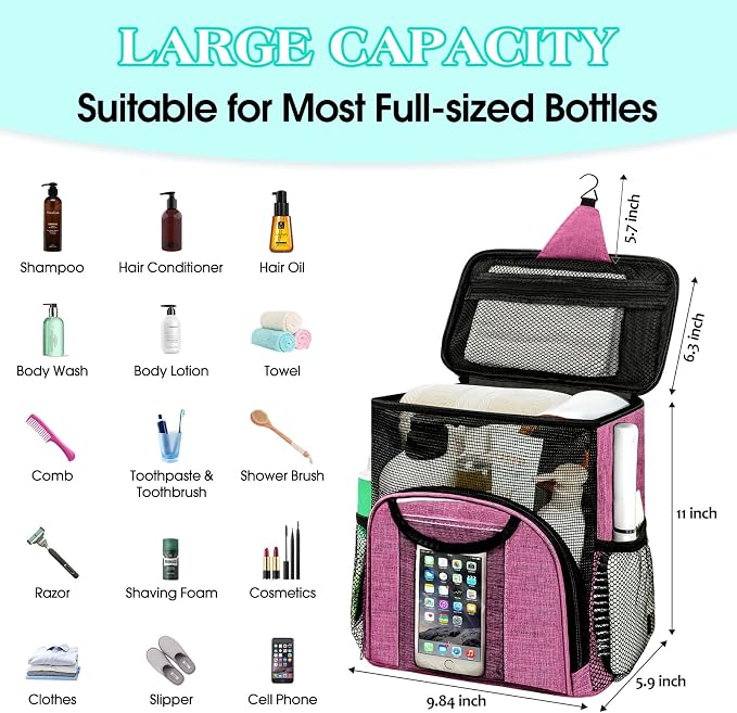 Attmu Portable Shower Caddy College Tote Bag, Quick Dry Hanging Toiletry Bag, Large Capacity Mesh Shower Caddy Portable for College Dorm Room Essentials for Boys and Girls for Bath Camping (Pink) - Image 2