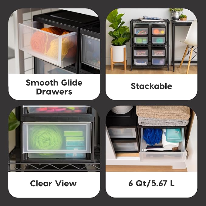 IRIS USA 6 Qt. Plastic Drawer Storage Organizer Stacking Drawers, 8-Pack, Stackable Unit with Sliding Drawer for Clothes Bedroom Kitchen Under Sink Pantry Craft Room Bathroom Dorm Office, Black - Image 4
