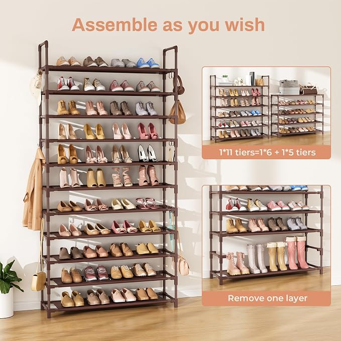 LANTEFUL 11 Tiers Tall Shoe Rack Holds 55 Pairs of Shoes with 18pcs Hooks Sturdy Wide Shoe Organizer Storage Free Standing Metal Shoe Shelf for Closet, Entryway Brown - Image 5