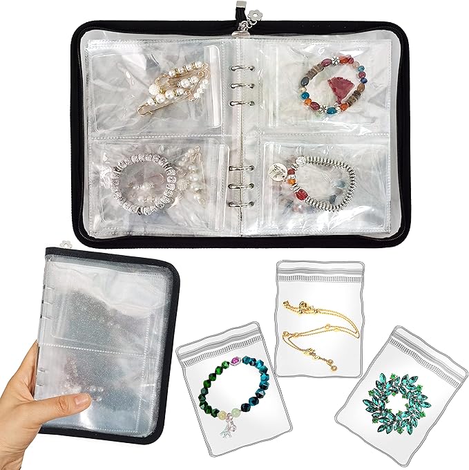 Bracelet Holder Travel Jewelry Organizer Case Transparent Jewelry Storage Book for Earring Necklace Ring with Small Clear Zippered Pouch by LingLingo