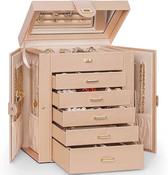AKOZLIN 6-Tier Jewelry Box Organizer Functional 5 Drawers Leather Jewelry Storage Case for Women Girls Ring Necklace Earring Bracelet Holder Organizer with Mirror Champagne by AKOZLIN