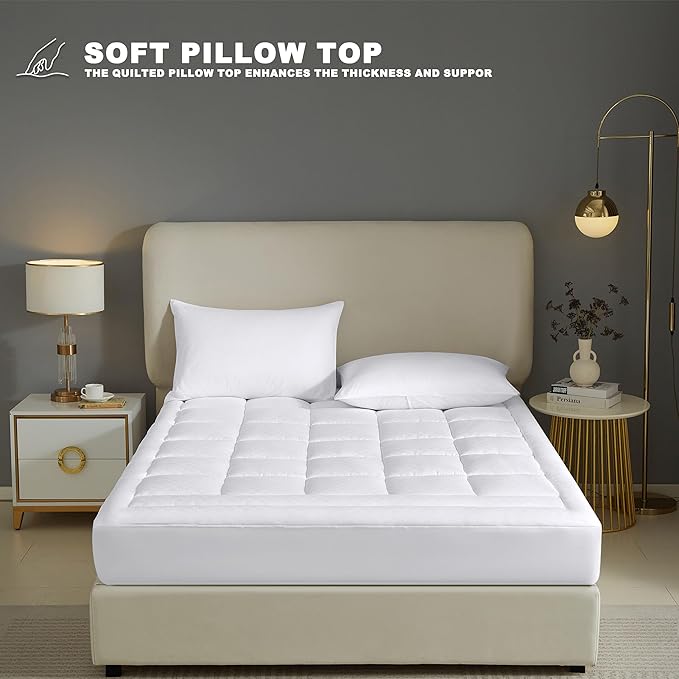 Mattress Pad Full Size 460GSM High-Density Mattress Pillow Top, 18 Inch Deep Pocket Noiseless Bed Cover, Soft Quilted Fitted Mattress Topper, White 54”×75”