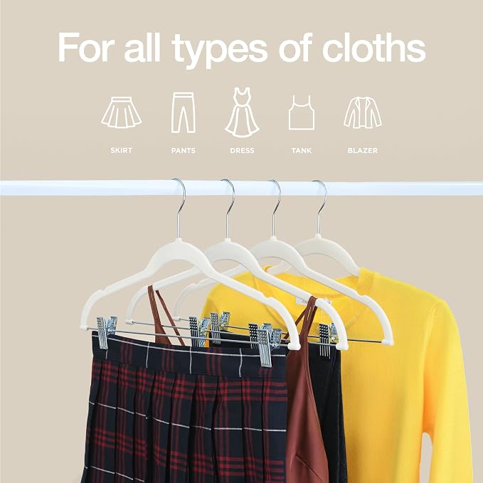 Home-it 10 Pack Velvet Hangers with Clips - Ivory Pants & Skirt Hangers - Ultra Thin No Slip Space-Saving for Pants, Skirts, Coats, Dresses, Tank Tops, Clothes - Image 2