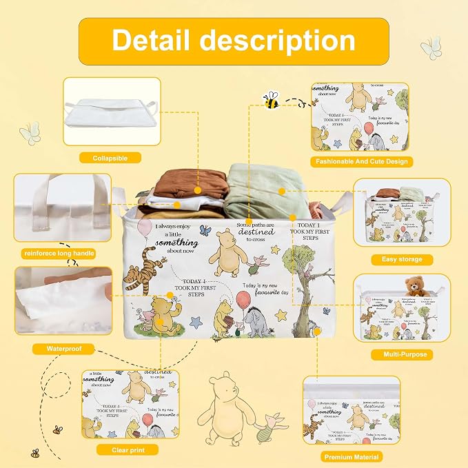 Winnie Storage Basket, The Pooh Nursery Baby Stuff, Winnie Nursery Storage Baske Storage Basket With A Waterproof PE Coating, Foldable Large Canvas Laundry Hamper Suitable For Bathroom and Bedroom - Image 3