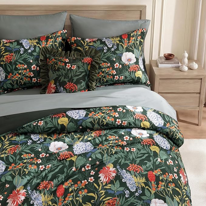 CASAAGUSTO King Size Comforter Set-7 Pieces Green Botanical Floral Bedding, Flowers Printed Design King Bed in a Bag with Botanical Flowers Comforter, Sheets, Pillowcases & Shams