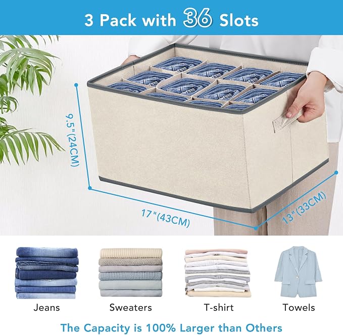 3 Pcs 12 Cell Large Size Pants Organizers for Clothes, Jeans, Sweater, T-shirt, Dress Stackable for Wardrobe Closet Drawer Organizer Storage Bin Container, Beige - Image 2
