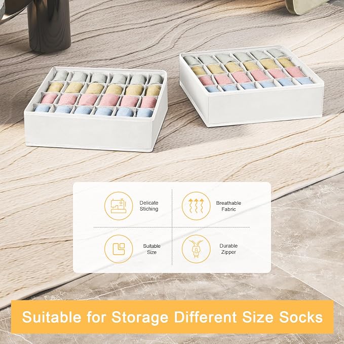 Joyoldelf Sock Organizer Drawer Organizer - 2 Packs Underwear Organizer, 48 Cells Collapsible Closet Organizers and Storage Sock Holders Organizers for Storing Socks, Ties, Belts(White) - Image 3
