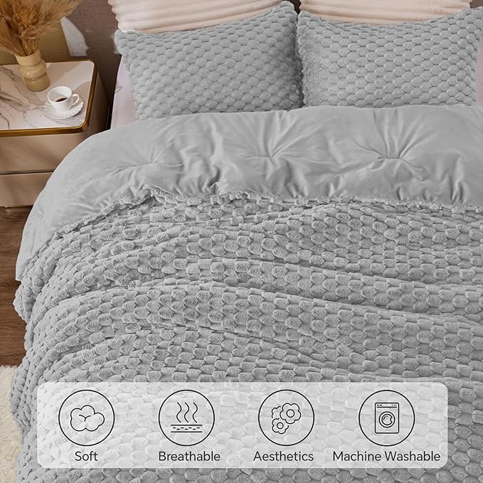 BEDELITE Fluffy Twin Comforter Set - Light Grey Fleece Soft Comforter for Twin Size Bed, Luxury Warm Bedding Set for Winter, Fuzzy Bed Set 2 Pieces (1 Comforter, 1 Pillowcase)