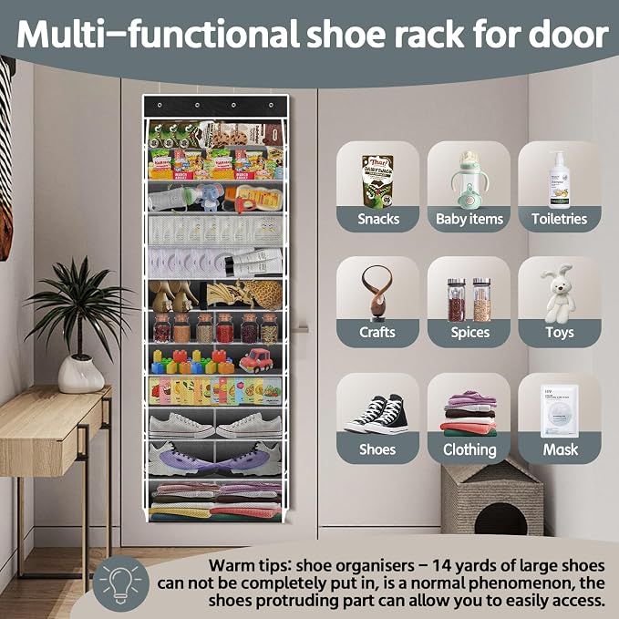PAULONE 12 Pocket Over the Door Shoe Organizer,Reusable Breathable Large Mesh Bag Men's & Women's Sneaker Organizer,Shoe Organizer for Kids,Hanging Shoe Storage Hanging Bag (Black) - Image 6
