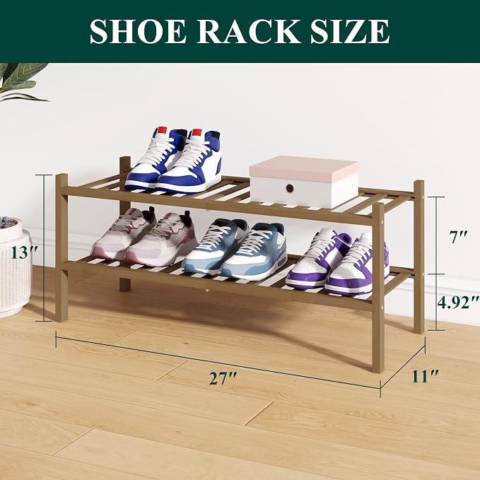 Smiry Bamboo Shoe Rack for Closet, 2 Tier Wooden Stackable Shoe Organizer, Free Standing Shoes Storage Shelf for Entryway, Front Door Entrance, Walnut - Image 2