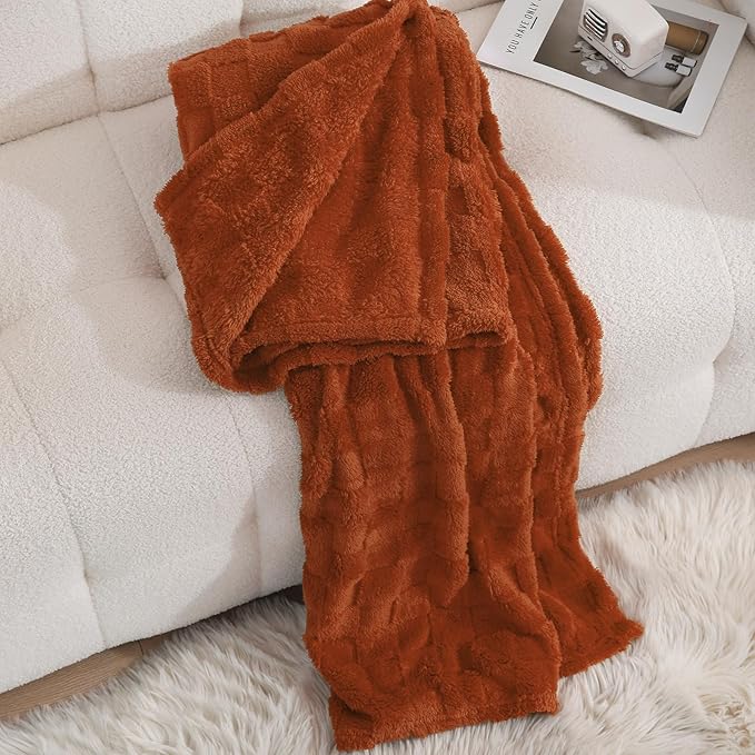 Burnt Orange Fleece Throw Blanket 90”×90” for Couch Sofa Bed,Super Soft Cozy Plush Microfiber Flannel Blanket with 3D Checkered Design Lightweight for Adults,Woman,Girls