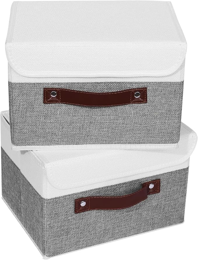 ANMINY 2PCS Storage Boxes with Lid Washable Decorative Storage Bins Basket with PU Leather Handle Foldable Linen Fabric Storage Cubes Containers for Home Closet Organizer - Gray White, Small Size - Image 2