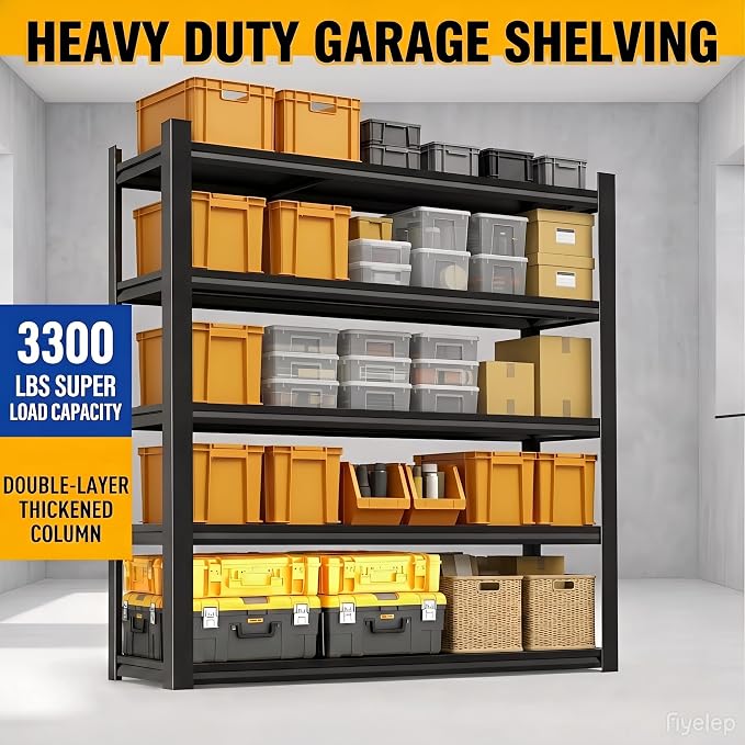 72''H × 40''W Garage Shelving, 5 Tier Heavy Duty Shelving, 2500 lbs Capacity Garage Storage Shelves, Industrial Shelves with Thickened Double-Layer Posts for Garage, Warehouse, Basement,Black - Image 3