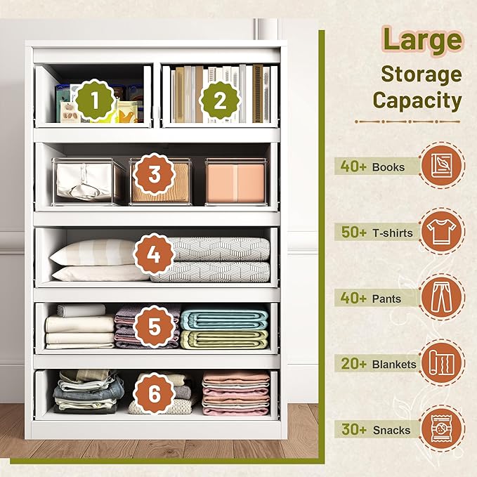 Romorgniz White Dresser for Bedroom with 6 Large Drawers, Tall Chest of Drawers Modern Wooden Dresser for Living Room, Entryway, Hallway, 43.2" H X 27.6" W X15.6 D
