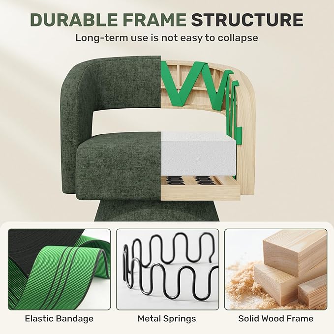 Nebuaegis Swivel Accent Chair Set of 4, Modern Comfy Chenille Barrel Chairs, Oversized Upholstered Round Arm Chair for Living Room, Bedroom, Reading Room, Green