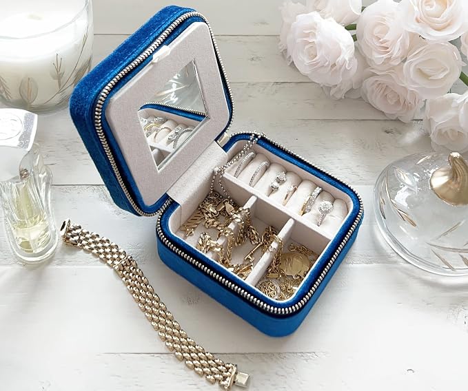 BLUTETE Travel Jewelry Box Organizer Velvet Travel Case With Mirror Ring Earrings Necklaces Storage Organizer Box (Midnight Blue) - Image 5