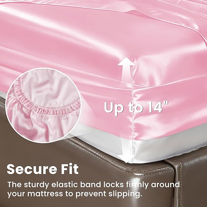 Love's cabin Satin Queen Sheets Set - 6 Piece Pink Silky Bed Sheets Set with Deep Pocket, Luxury Silk Feel Satin Queen Size Sheet Set (1 Flat Sheet, 1 Fitted Sheet, 4 Pillow Cases)