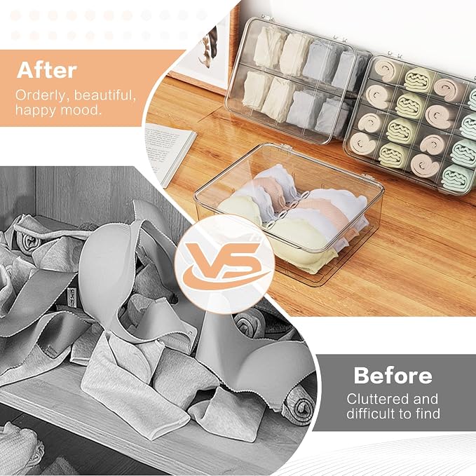 Sock Underwear Organizer, 16 Compartment Adjustable Dividers Tie Socks Underwear Drawer Organizers for Closet, Clear Plastic Storage Containers Box with Lids for Ties Scarf Socks Bras - Image 6