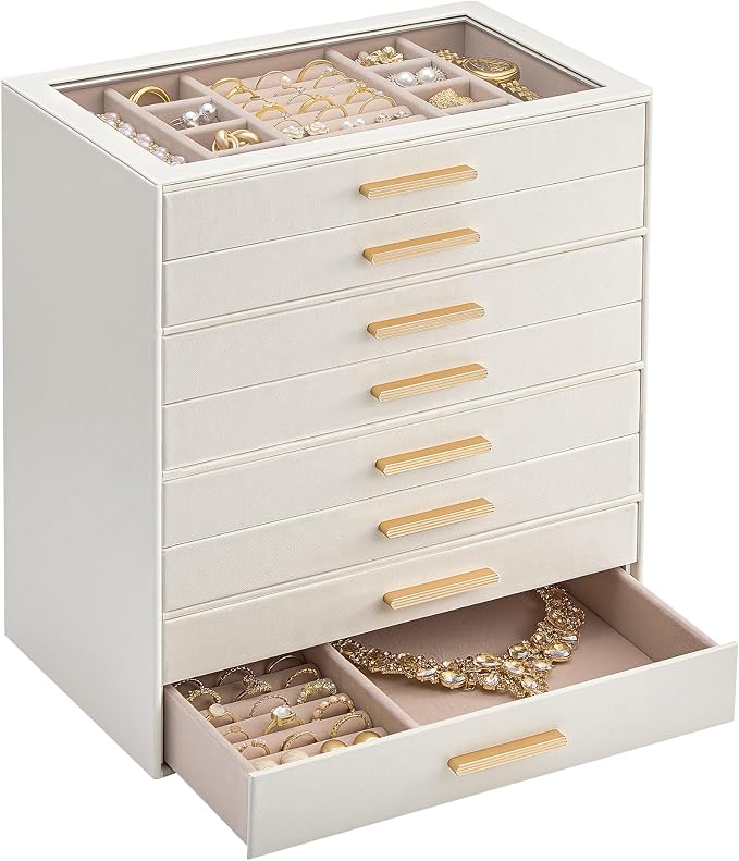 Lolalet Jewelry Box Organizer, 8-Layer Jewelry Organizers and Storage Case with Glass Lid, Ring Earring Bracelet Necklace Holder Organizer, Birthday Valentine Gifts for Women Girls -8Layer, Beige by Lolalet