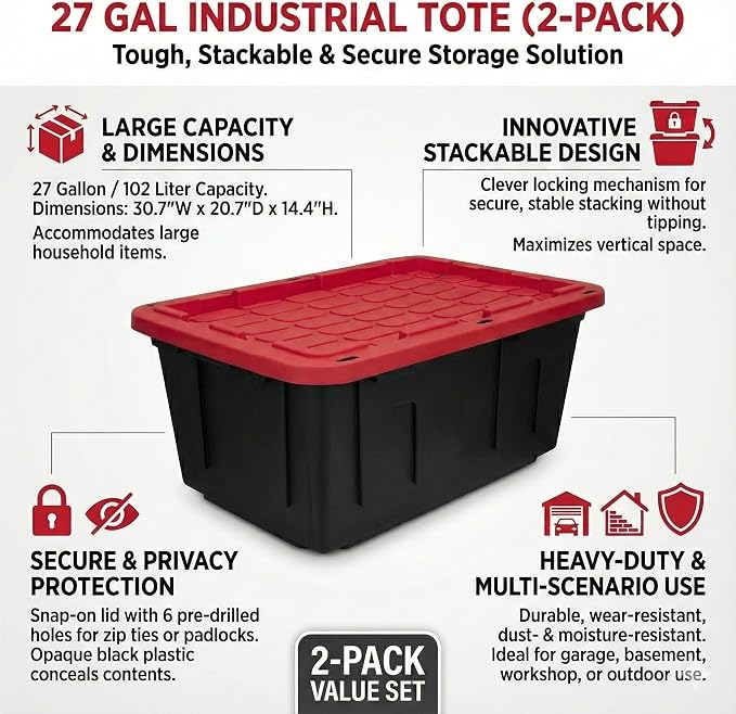 27 Gal Industrial Tote,4 Pack Plastic Storage Bins with Lids Tough Large Storage Bin,Black with Red Lid Plastic Storage,Stackable & Nestable for Garage, Basement, or Outdoor (4 Pack) - Image 2