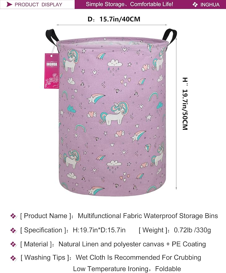 Laundry Hamper Large Canvas Fabric Lightweight Storage Basket/Toy Organizer/Dirty Clothes Collapsible Waterproof for College Dorms, Boys and Girls Bedroom,Bathroom(Unicorn) - Image 2