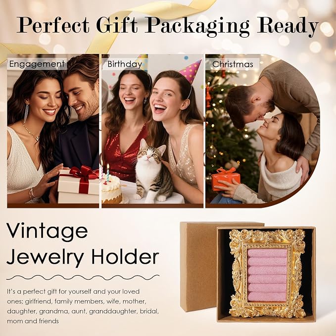 Vintage Ring Holder Rectangle Gold Velvet Display Stand - Baroque Jewelry Organizer Box Tray for Wedding Engagement Anniversary Women Birthday Christmas Gift Photograph Prop (MPF05-Gold Pink) - Image 7