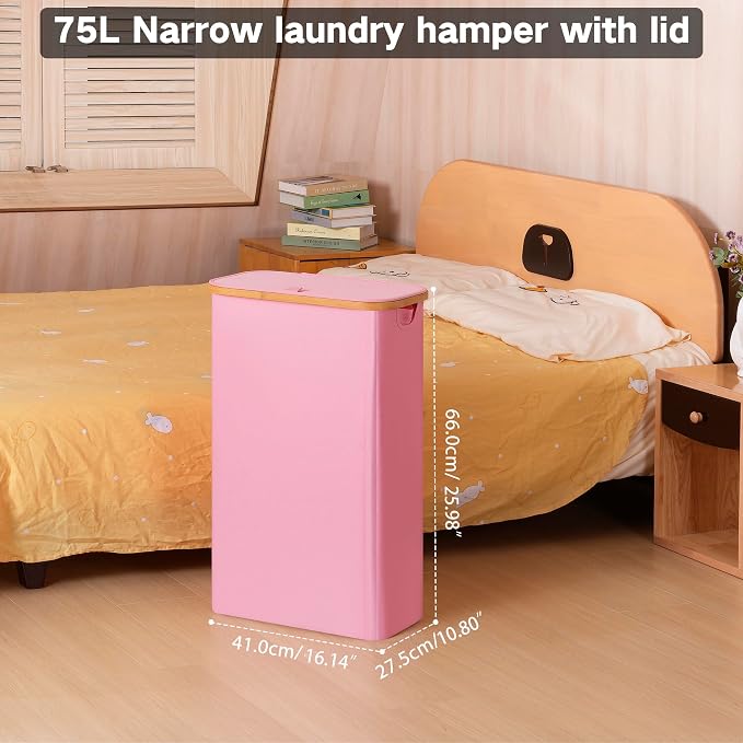 iEGrow 75L Slim Laundry Hamper, Narrow Laundry Basket with Lid,Foldable Clothes Hamper with Bamboo Handles,Hamper Basket with Removable Inner Bag for Laundry Room Bedroom College Dorm,19.8 Gals Pink - Image 3