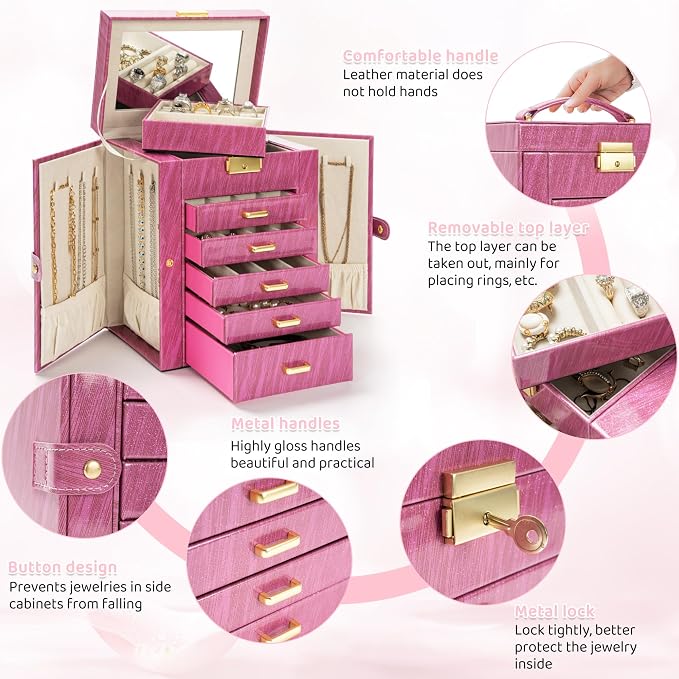 AKOZLIN 6-Tier Jewelry Box Lockable Leather Jewelry Storage Case with 5 Drawers for Women Girls Ring Necklace Earring Bracelet Holder Organizer with Mirror Rose - Image 7