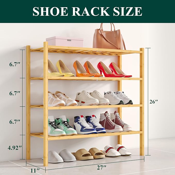 Smiry Shoe Rack, 4 Tier Bamboo Shoe Organizer, Stackable Free Standing Wooden Shoe Storage Shelf for Closet, Entryway, Front Door Entrance, Natural - Image 2