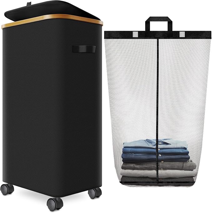 Laundry Hamper with Wheels,29 Gal (110L) Laundry Basket with lid Rolling Clothes Hamper Foldable Dirty Clothes Basket on wheels with Bamboo Frame and Bag for Bedroom, Dorm, Laundry Room-Black by Wuevu