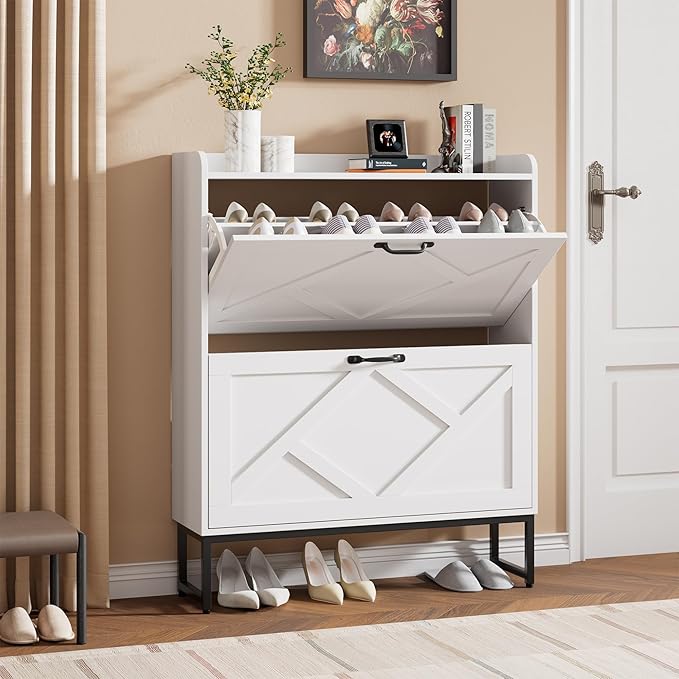 Nicetree Shoe Cabinet with 2 Flip Drawers, Freestanding Shoe Organizer, Shoe Cabinet with Metal Legs, Narrow Shoe Rack Cabinet for Entryway, Foyer, Hallway, White by Nicetree