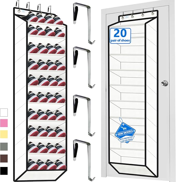 Over the Door Shoe Organizer, 20 to 30 Pairs Hanging Shoe Holder, Heavy Duty Extra Deep Pockets Shoe Storage for Closet, Anti-Scratch Hooks & FSC-Certified Bamboo - White by Zebricolo