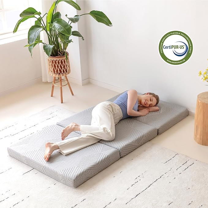 MLILY Tri-Fold Memory Foam Mattress Topper, 4 inch King Folding Mattress with Collapsible and Washable Cover, Travel and Guest Mat, 80"×76"×4", Grey