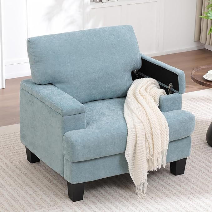 Oversized Accent Chair with Storage Armrest, Modern Upholstered Reading Living Room Chairs, Comfy Large Armchair, Fabric Single Sofa Chair for Bedroom (Green)