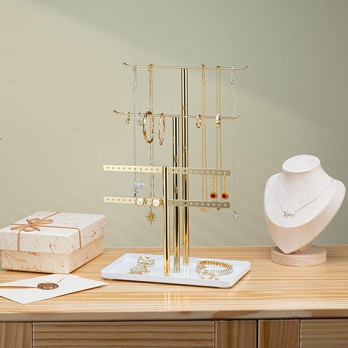 pickpiff Jewelry Stand Holder Organizer: 12.5" Sturdy Hanger for 80 Pcs Jewelry, Jewlery Tower for Display Necklace, Earring, Bracelet, Watch, Mirrored Gold - Image 6