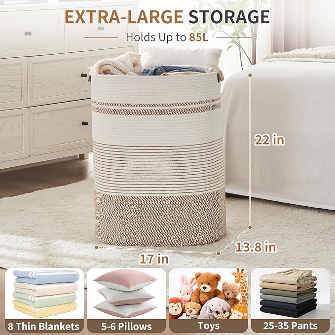 AINUOQI Laundry Basket with Handles - Blanket Basket & Hampers for Bedroom Aesthetic, Laundry Hamper & Blanket Storage for Living Room, Clothes Hamper, Tall, Large 17" x 14" x 22”, Brown & White - Image 2
