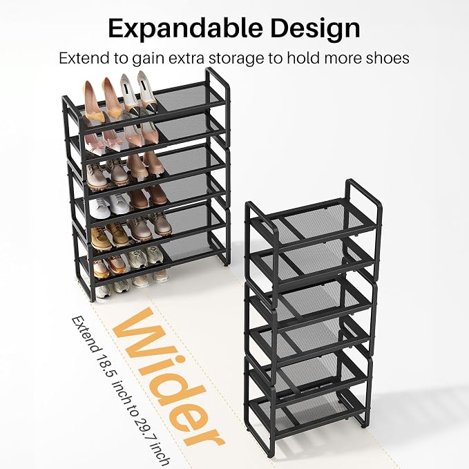 SNTD Shoe Rack - Expandable Shoe Organizer for Closet, Adjustable Metal Shoe Shelf Storage, Stackable Long Shoe Stand Holder for Garage, Entryway, Door Entrance (Black, 6-Tier) - Image 4